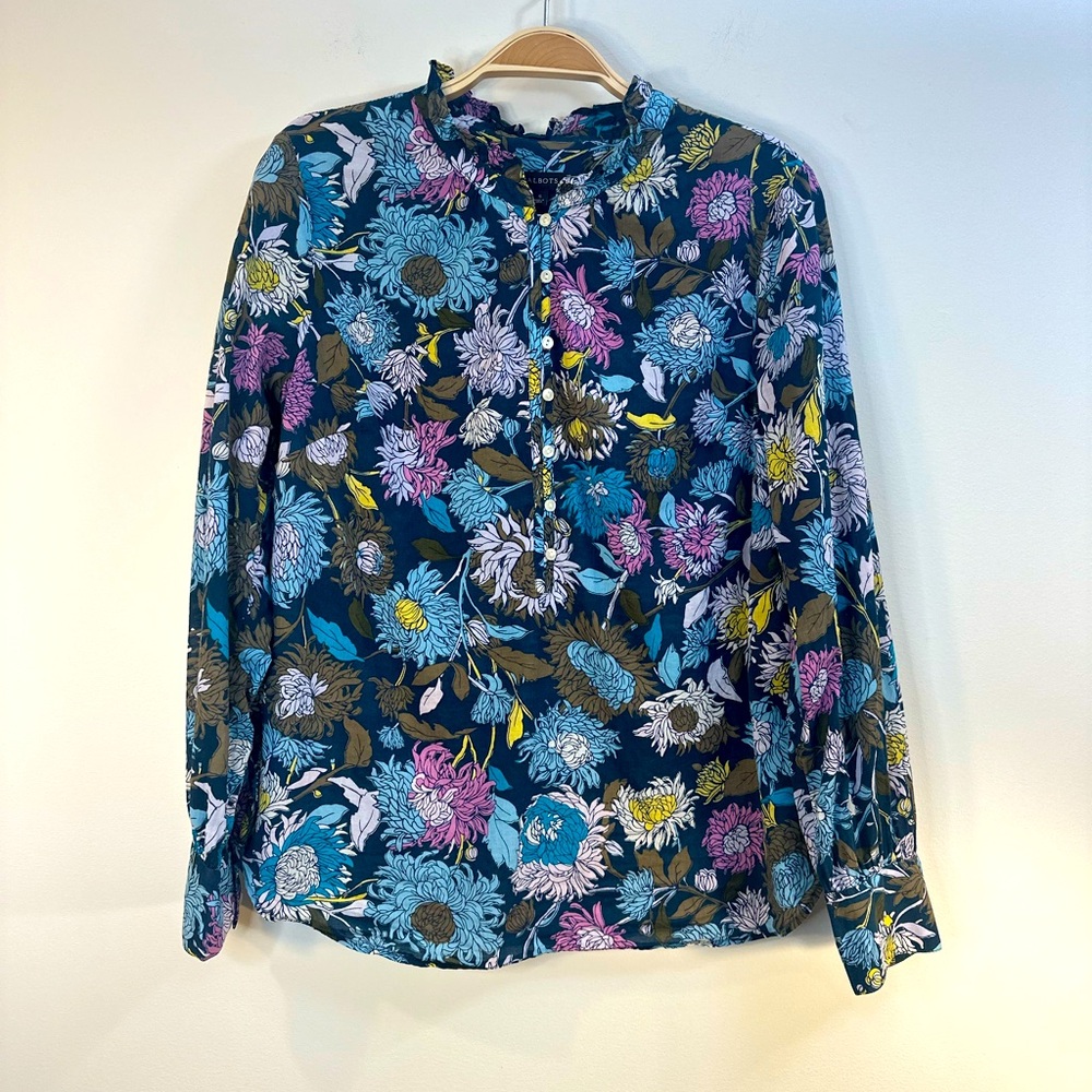 Talbots Floral Long Sleeve Sz S 100% Cotton Blue Multicolor Ruffle High Neck